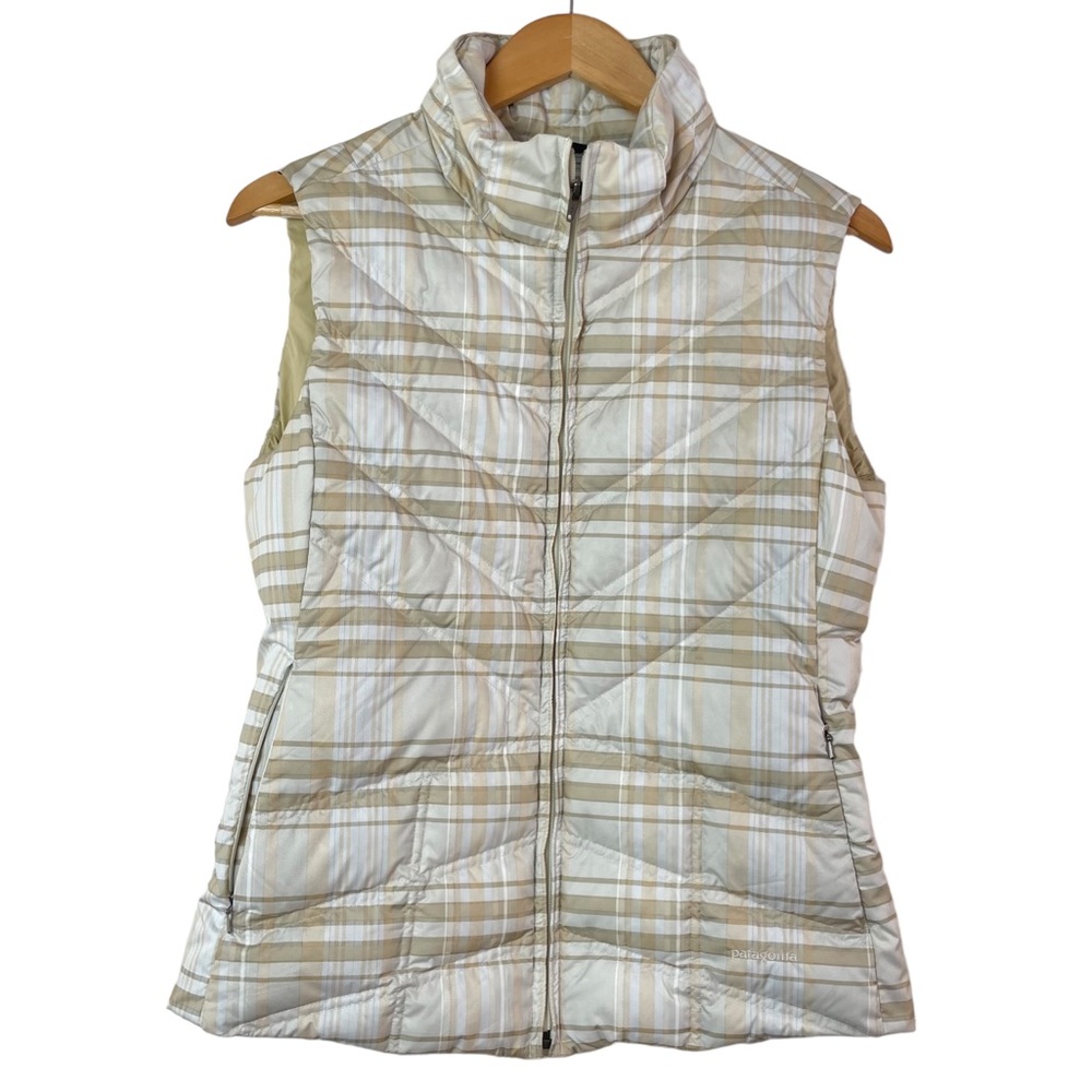 Patagonia Women’s Goose Down Puffer Vest in Beige Plaid Driftwood Color Size M